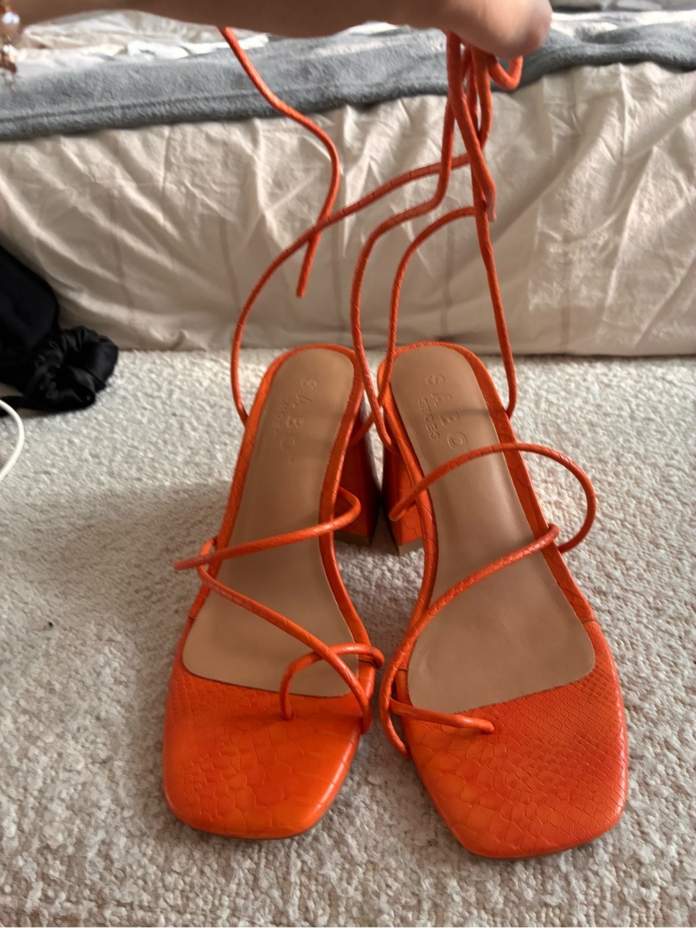 Sabo Skirt Orange Strappy Square-Toe Block Heels with Wrap Laces